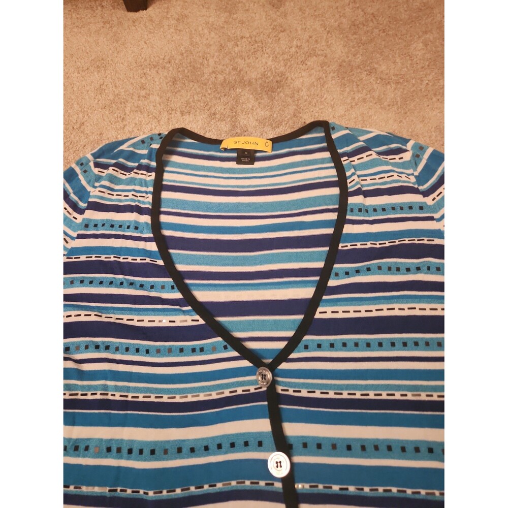 St. John Women's Blue & White Striped Wool-Blend Cardigan Size M - Picture 3 of 12